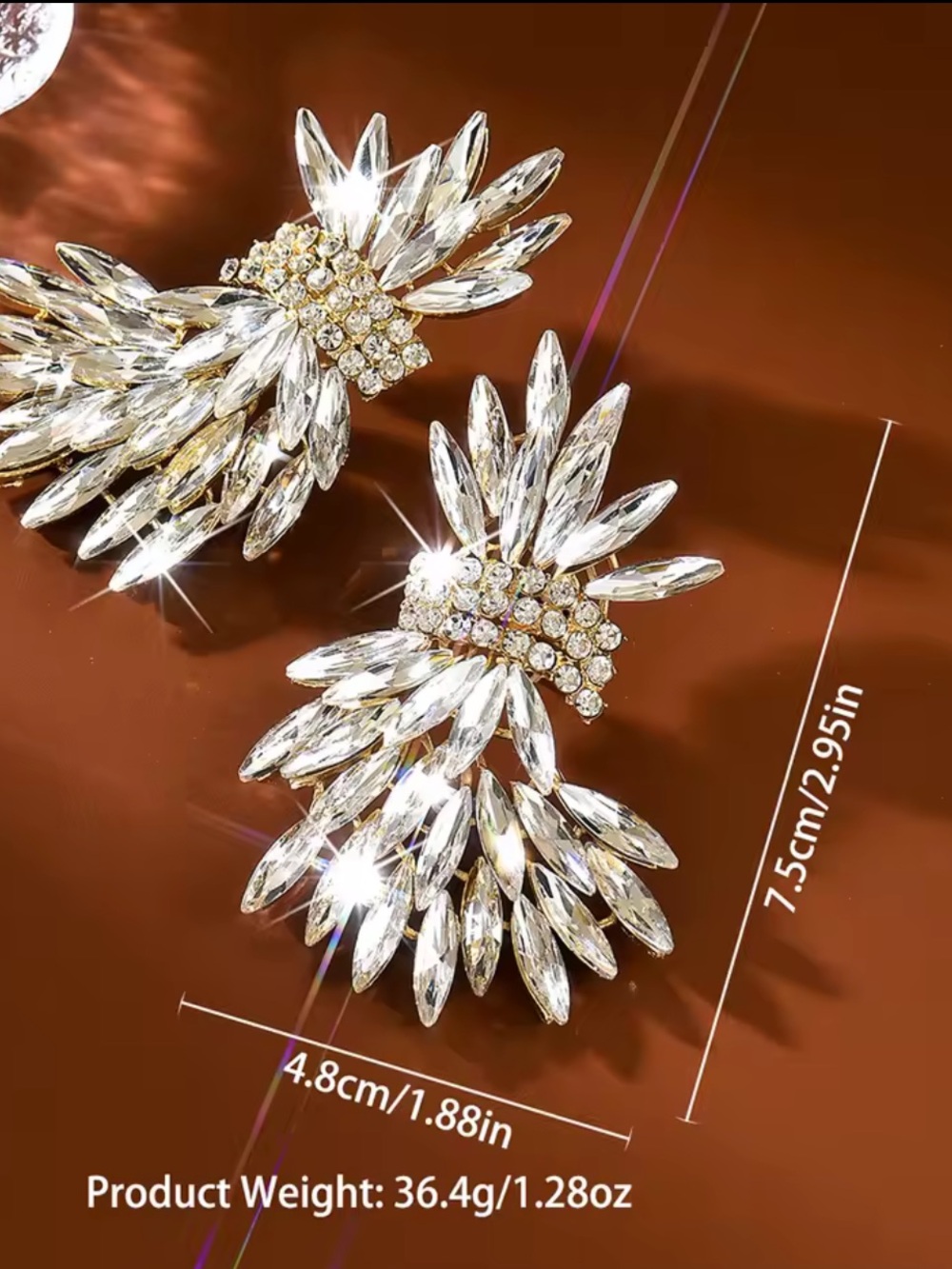 White Crystal Fan Drop Earrings - Picture 3 of 5